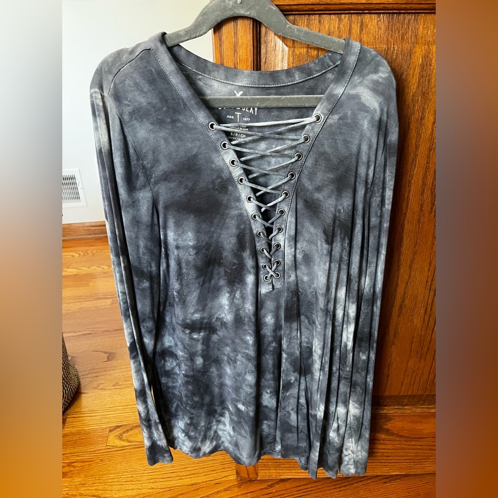 American Eagle Outfitters Charcoal Lace-Up Long Sleeve Tee